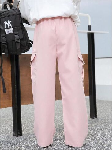 Girl's Elastic Waist Straight Leg Cargo Pants Casual Baggy Long Trousers Sweatpants with Pocket in Saudi Arabia