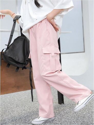 Girl's Elastic Waist Straight Leg Cargo Pants Casual Baggy Long Trousers Sweatpants with Pocket in Saudi Arabia