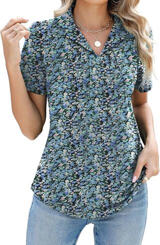 Women's Polo Shirts Short Sleeve V Neck Summer Business Casual Pleated Blouses Collared Tops in Kuwait