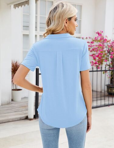 Women's Polo Shirts Short Sleeve V Neck Summer Business Casual Pleated Blouses Collared Tops in Kuwait