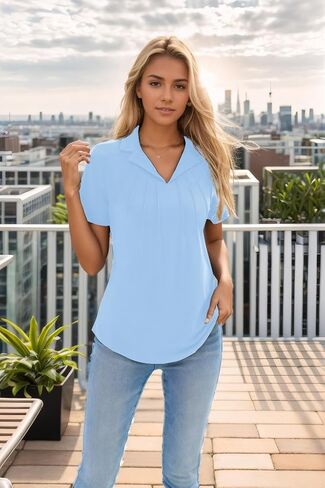 Women's Polo Shirts Short Sleeve V Neck Summer Business Casual Pleated Blouses Collared Tops in Kuwait