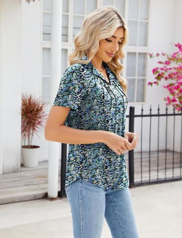 Women's Polo Shirts Short Sleeve V Neck Summer Business Casual Pleated Blouses Collared Tops in Kuwait