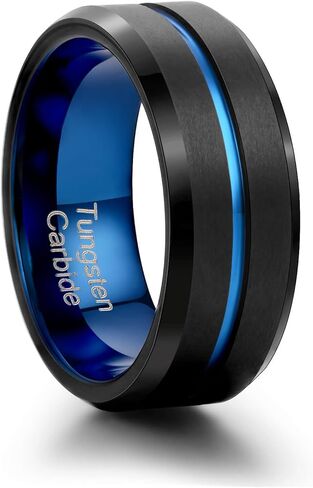 Holizaly 8mm Men's Tungsten Carbide Wedding Ring Blue Concave Groove Engagement Commitment Polished Finishing Comfort Fit Size 6-13 in Kuwait