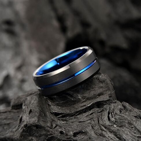 Holizaly 8mm Men's Tungsten Carbide Wedding Ring Blue Concave Groove Engagement Commitment Polished Finishing Comfort Fit Size 6-13 in Kuwait