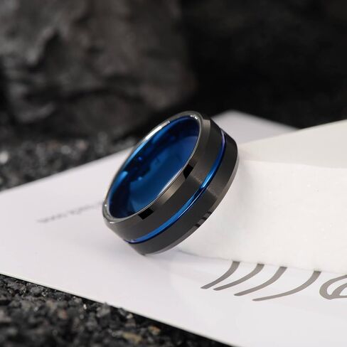 Holizaly 8mm Men's Tungsten Carbide Wedding Ring Blue Concave Groove Engagement Commitment Polished Finishing Comfort Fit Size 6-13 in Kuwait