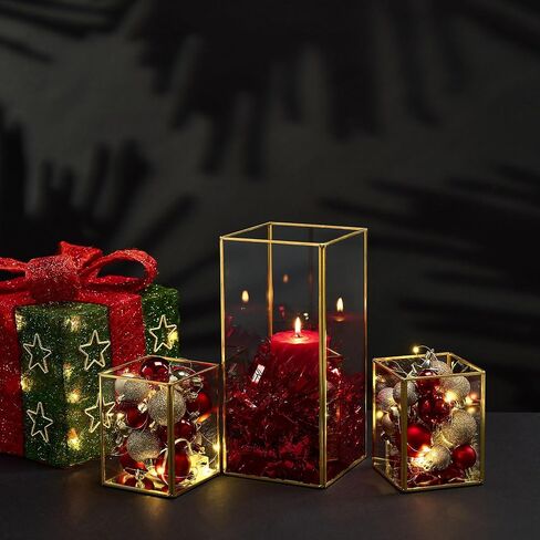 Gold Lanterns, Floor Candle Holders Tall Set, Hurricane Candleholders, Gold Lanterns for Centerpieces, Square Candle Holder, Gold Lantern, Candleholder Set of 3 (Gold) in Saudi Arabia