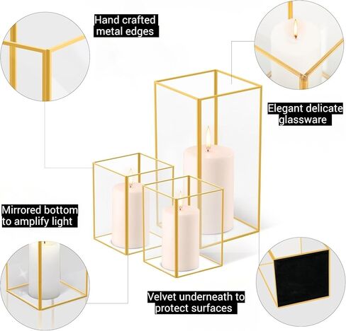 Gold Lanterns, Floor Candle Holders Tall Set, Hurricane Candleholders, Gold Lanterns for Centerpieces, Square Candle Holder, Gold Lantern, Candleholder Set of 3 (Gold) in Saudi Arabia