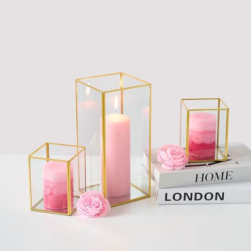 Gold Lanterns, Floor Candle Holders Tall Set, Hurricane Candleholders, Gold Lanterns for Centerpieces, Square Candle Holder, Gold Lantern, Candleholder Set of 3 (Gold) in Saudi Arabia