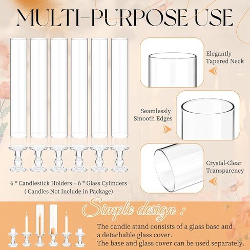 Showgeous 6 Pcs Hurricane Candle Holder 13.8 inch Tall Hurricane Candlesticks Holders for Taper Candles & Pillar Candles,Glass Taper Candles Stands with Open Ended Glass Chimney Tube for Wedding Decor in Saudi Arabia