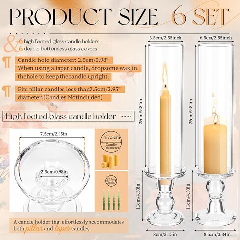 Showgeous 6 Pcs Hurricane Candle Holder 13.8 inch Tall Hurricane Candlesticks Holders for Taper Candles & Pillar Candles,Glass Taper Candles Stands with Open Ended Glass Chimney Tube for Wedding Decor in Saudi Arabia