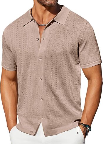 COOFANDY Men's Knit Shirts Short Sleeve Button Down Shirt Casual Summer Beach Shirt in Saudi Arabia
