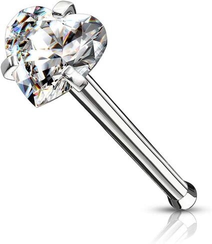 20 Gauge Prong Set Heart CZ Top 316L Surgical Steel Nose Bone Stud Rings (Choose Color) in Saudi Arabia
