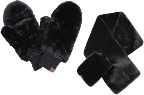 Funky Junque Matching 2 Pack: Faux Fur Mittens & Scarf - Black in Kuwait