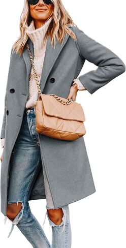 Women's Notch Lapel Double Breasted Pea Coat Mid Long Fall Winter Trench Overcoat in Saudi Arabia