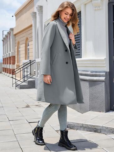 Women's Notch Lapel Double Breasted Pea Coat Mid Long Fall Winter Trench Overcoat in Saudi Arabia