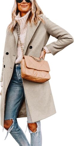 Women's Notch Lapel Double Breasted Pea Coat Mid Long Fall Winter Trench Overcoat in Saudi Arabia