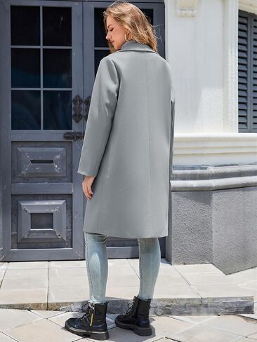 Women's Notch Lapel Double Breasted Pea Coat Mid Long Fall Winter Trench Overcoat in Saudi Arabia