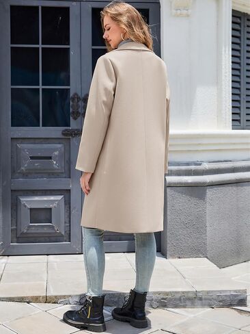 Women's Notch Lapel Double Breasted Pea Coat Mid Long Fall Winter Trench Overcoat in Saudi Arabia