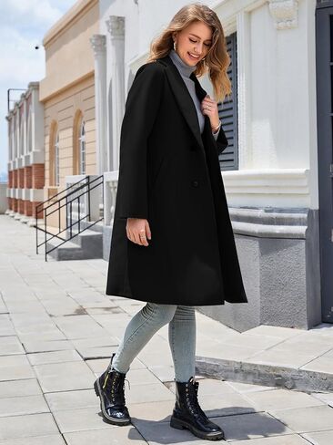 Women's Notch Lapel Double Breasted Pea Coat Mid Long Fall Winter Trench Overcoat in Kuwait