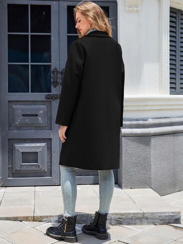 Women's Notch Lapel Double Breasted Pea Coat Mid Long Fall Winter Trench Overcoat in Kuwait