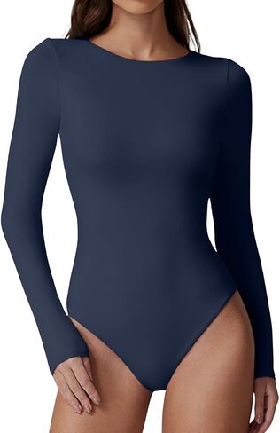QINSEN Womens Crew Neck Long Sleeve Bodysuit Double Lined Body Suits Basic T-Shirt Tops in Kuwait