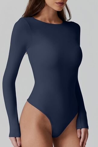 QINSEN Womens Crew Neck Long Sleeve Bodysuit Double Lined Body Suits Basic T-Shirt Tops in Kuwait