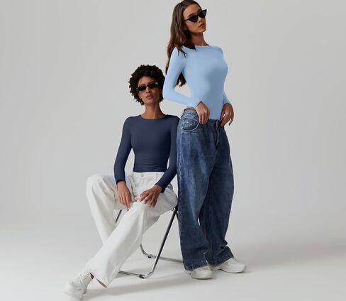 QINSEN Womens Crew Neck Long Sleeve Bodysuit Double Lined Body Suits Basic T-Shirt Tops in Kuwait