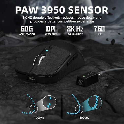 ماوس ألعاب لاسلكي ATTACK SHARK R6 39g Superlight، PixArt PAW3950MAX 42000 DPI، ماوس كمبيوتر MCU Nodic 52840، برنامج تشغيل الويب بمعدل 8K، BT/2.4 جيجا هرتز/ماوس سلكي ثلاثي الوضع مع كابل ملفوف - أسود وشريط in Kuwait