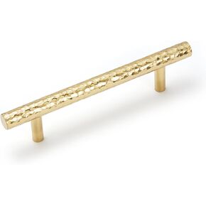 3-Pack Solid Brass Kitchen Cabinet Pulls, Gold Modern T-Bar Handles, 3-Inch Hole Center Hammered Handles for Dresser Drawer Cupboard, 4-13/16 Inch Total Length, Polished Finish