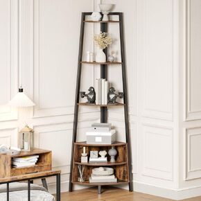 HOOBRO 6-Tier Corner Shelf, 67 Inch Tall Corner Shelf Stand, Industrial Ladder Corner Bookshelf, Standing Display Shelf for Living Room, Kitchen,Home Office, Rustic Brown and Black BF170CJ01