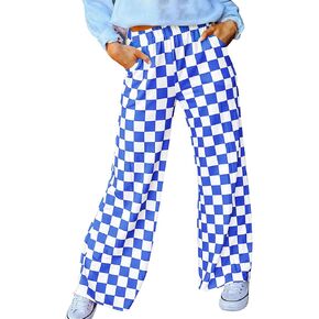 Womens Checkered Pants Y2K Pajama Pants Elastic Waist Wide Leg Lounge Pants Comfy Pj Bottoms with Pockets Loungewear