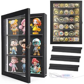 Challenge Coin Display Box with Lights Medals Display Case with Light Led Shadow Box Wall Mounted Shelves Crystals Coin Holder Storage Box for Collectibles Action Figures Bobble Heads