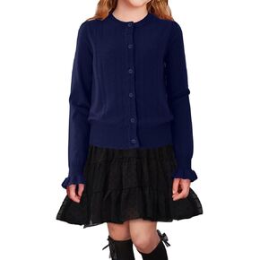 Girls Cardigan Sweater Long Sleeve Crewneck Button Closure Knitted Ruffle Uniform Sweater 5-14Y