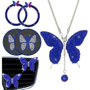 U&M 7 Packs Bling Butterfly Car Accessories for Women Interior Cute Set, Crystal Rear View Mirror Charms Ring Emblem Cup Coasters Butterflies Air Vent Fresheners Clips (Pink)