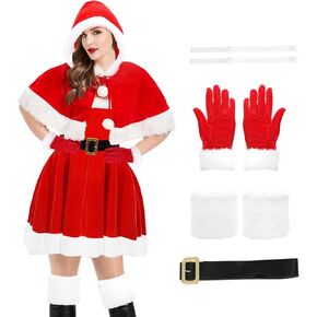 Mrs Claus Costume for Women, 6PCS Adult Santa Costumes Claus Dress Christmas Velvet Dress Outfit with Cloak Belt