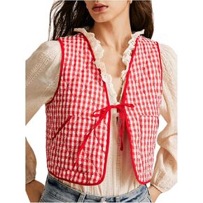 MakeMeChic Women's Plaid Gingham Quilted Vest Tie Front Sleeveless Crop Puffer Jacket