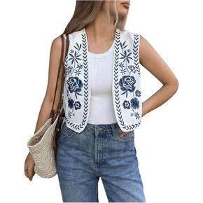 OYOANGLE Women's Floral Embroidery Boho Vests Colorblock Vest Tops Open Front Vintage Waistcoat
