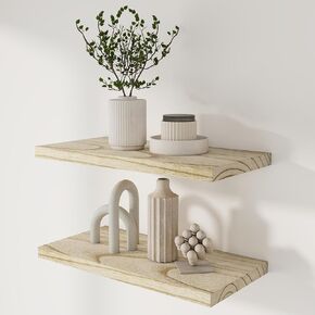 Marsmiles Wood Floating Shelves for Wall, Set of 2 Wall Shelves, 15.3" Wide Rustic Wood Shelves for Wall Storage, Wooden Display Shelf for Living Room Bathroom Bedroom Kitchen Office, White