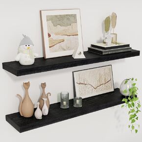 Fun Memories Floating Shelves for Wall, 30" Rustic Wood Deep Wall Mounted Shelves with Invisible Brackets for Wall Decor & Storage, Floating Shelf for Living Room, Bathroom (Black, Set of 2)
