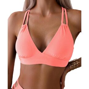 Tainehs Women's Push Up V Neck Bikini Tops Criss Cross Back Padded Bathing Suit Top Only