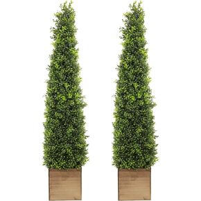 Season’s Need Artificial Boxwood Cone Tower 4ft Tall Topiaries Tree Set with Wooden Planter - Indoor Outdoor Décor, 2 Pack Fake Bushes - Potted Plant