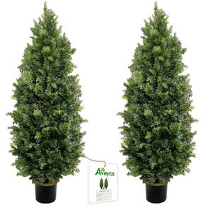 Aveyas 5ft Artificial Cedar Topiary Trees for Outdoor Front Porch Door, 5 Feet Faux Potted Plants Evergreen Fake Pine Cypress Tree for Outside Home Decor (5 ft Tall) - Set of 2 Pack