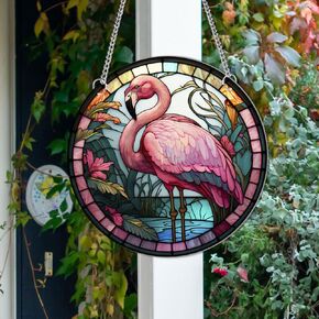 Flamingo Round Stained Acrylic Window Hanging Panels Indoor Outdoor Windows Hanger Kitchen Bedroom Office Garden Wall Art Decor Gifts for Women Mom Grandma Teacher