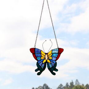 Tiffany Butterfly Style with Chain Stained Glass Window Hangings 7.6" W x 6.8" H Inches Decor for Home,Office,Coffee Shop