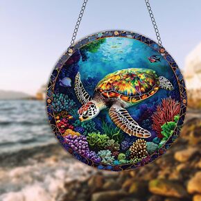 Sea Turtle Acrylic Window Hanging, Ocean Seafloor Coral Stained Acrylic Window Decor Hanging Ornaments Indoor Outdoor Garden Stained Art Panel Gift for Women Christmas Thanksgiving
