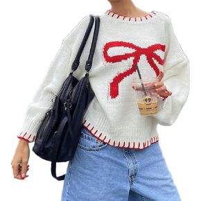 WZTYYDS Women Y2K Bow Knit Fall Winter Sweater Crew Neck Long Sleeve Knitted Pullover Oversized Knitwear