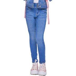 YMI Jeans Girls 3 Button Essential Skinny Jeans with Faux Front Pockets, Medium Blue, 10