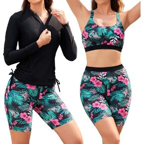 SHEKINI Women's 3 Piece Rash Guard Swimsuit Set Built-in Bra Tank Top Long Sleeve Zip Up Shirt Board Shorts Swimwear Bottom in Saudi Arabia