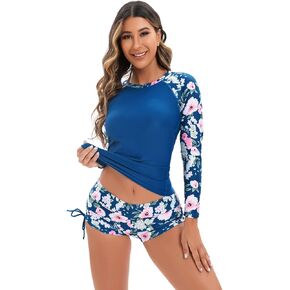 Women Two Piece Rash Guard Long Sleeve Swimsuits Sets UV UPF 50+ Cropped Swim Shirt with Boyshort Bottom Bathing Suits