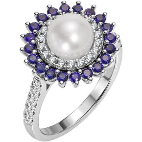 خاتم من الفضة المطلية بالذهب الأبيض عيار 18 قيراط مع 8 لؤلؤ مستنبت من المياه العذبة الرائعة محاط بالياقوت والجمشت/الزمرد/الياقوت، خاتم للنساء، هدية لمجوهراتها للنساء تأتي مع صندوق هدايا in Kuwait